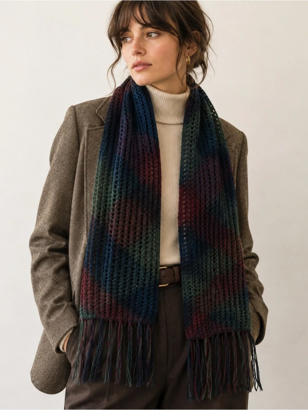 100% Baby Alpaca Open Knit Scarf Dark Plaid Fringe Whimsigoth Y2K